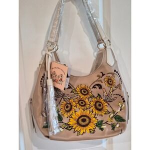Sharif 1827 Leather Sunflower Dragonfly Embroidered Hobo Bag Tan Cream NEW